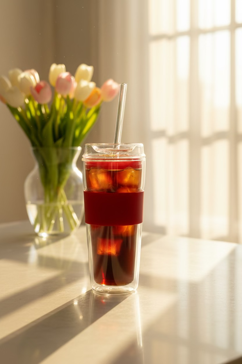 Clear tumbler with red sleeve filled with iced coffee on a white background
